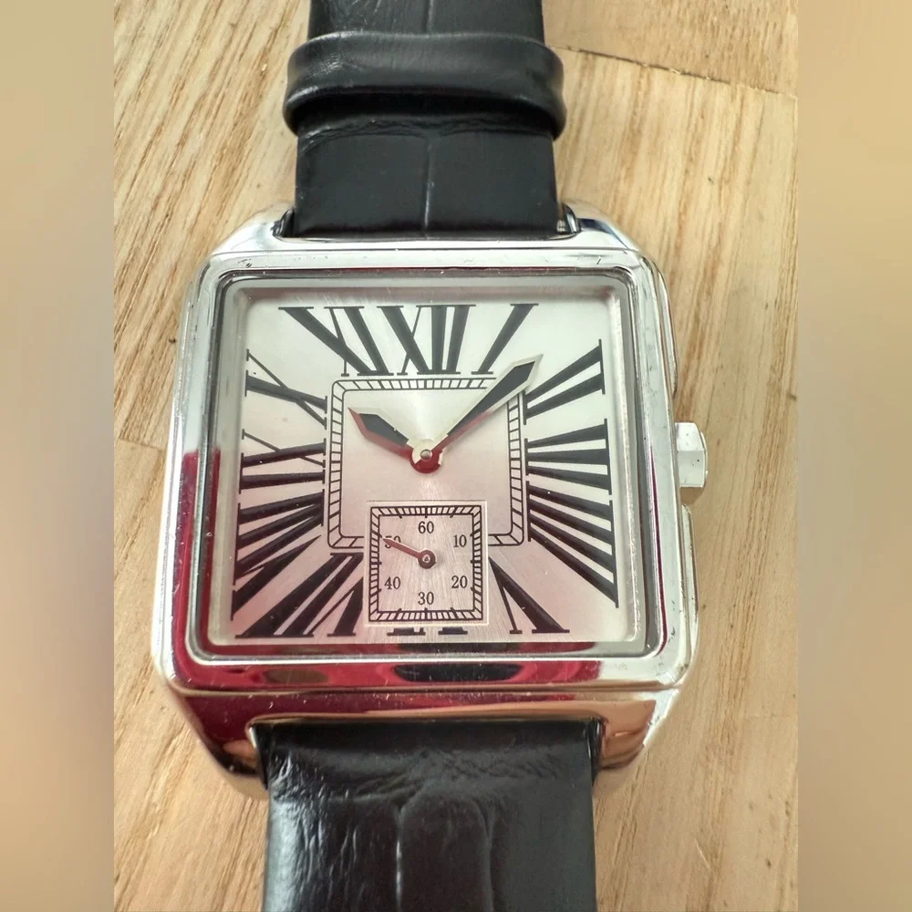 Vicence 925 Sterling silver square black leather dress watch NEW BATTERY